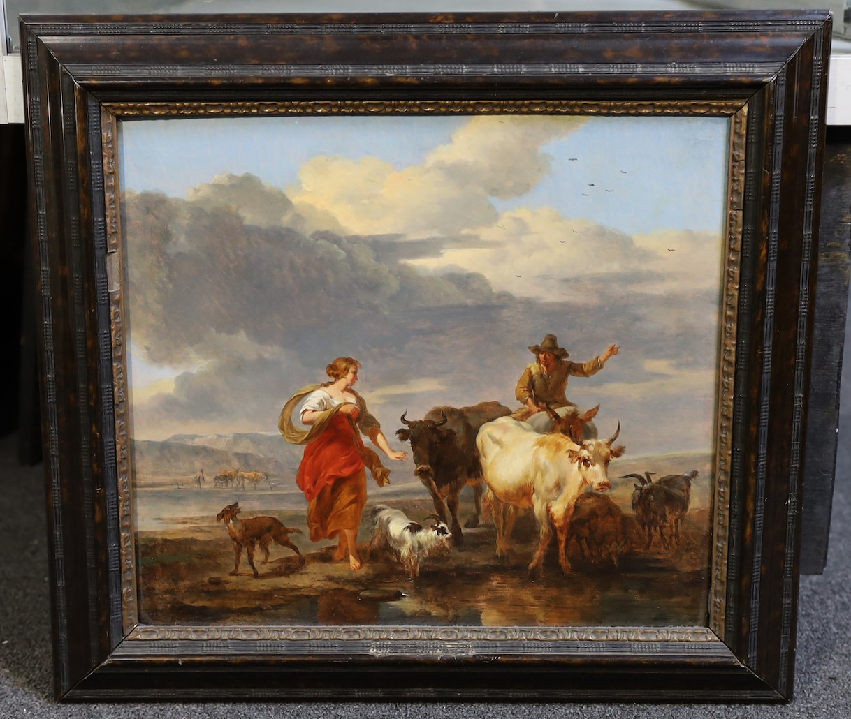 Nicholaes Bercham (Dutch, 1620-1683), A pastoral landscape with figures, cattle, goats and a dog, oil on panel, 32 x 36cm